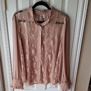 Cato Lace-Front Semi Sheer Long Sleeve Blouse - Dusty Rose, Blush Pink 18W/20W